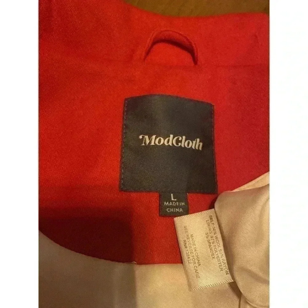 MODCLOTH Wool Coat L Red NWT Peacoat Tie Front Trench Long White Buttons Women’s - Picture 4 of 9